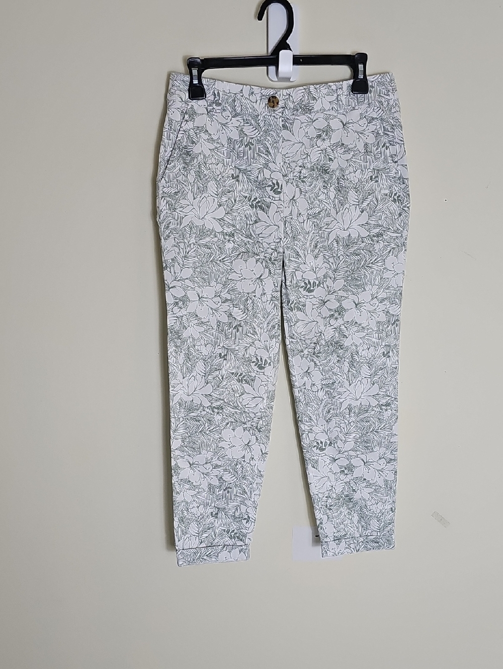 Talbots Fploral Print Slim Crop Pants - White & Sage Size2p
